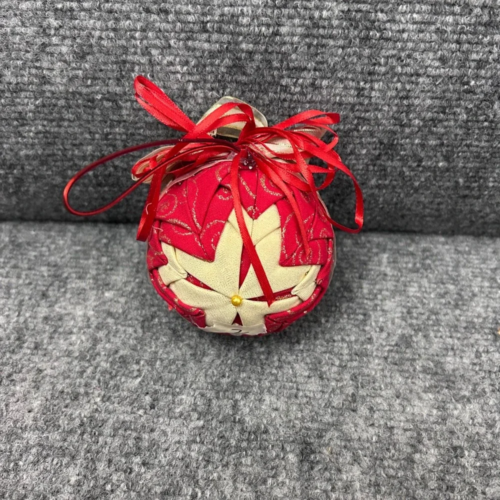 Handmade Quilted Fabric Star Ornament Red Gold Metallic Holiday Christmas Decor